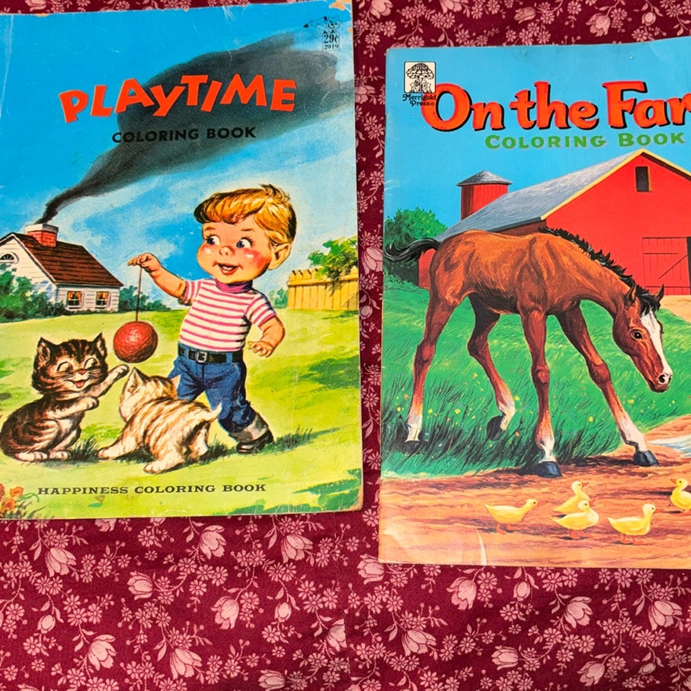 EUC 2 vintage coloring books Playtime & On the Farm Happiness & Merrigold Press